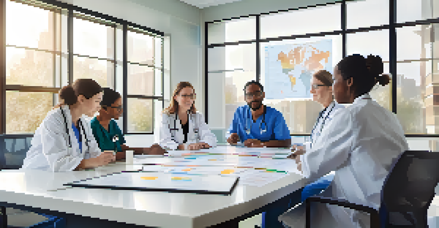 A diverse team of healthcare professionals discussing patient data around a table.