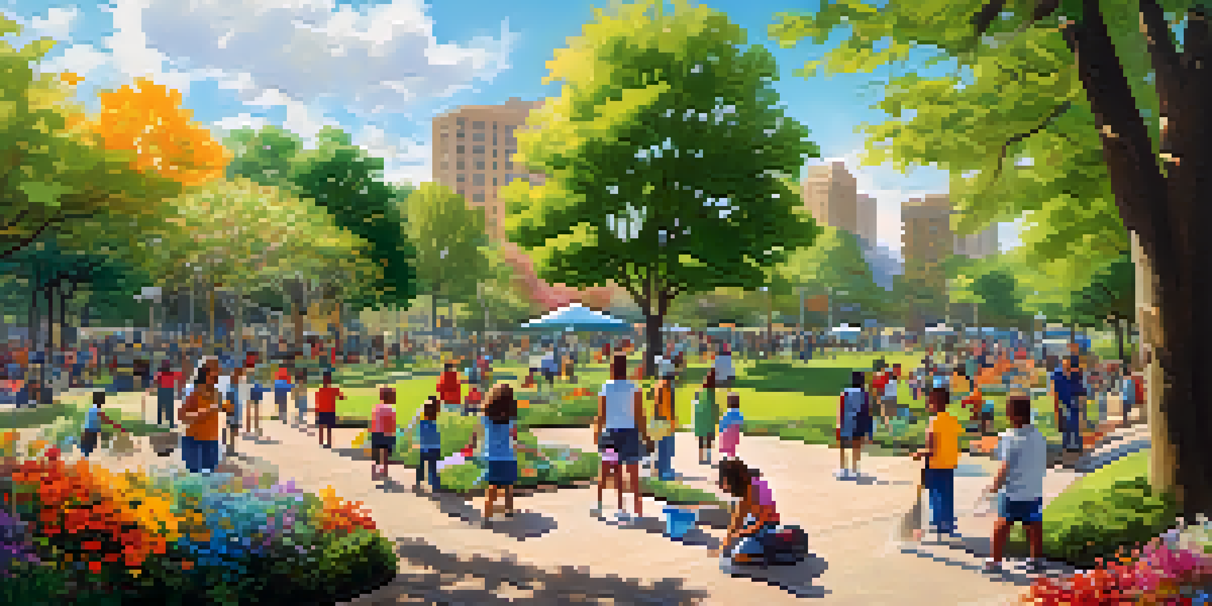 A lively community park scene with people of various backgrounds engaged in a clean-up event, surrounded by greenery and children playing.