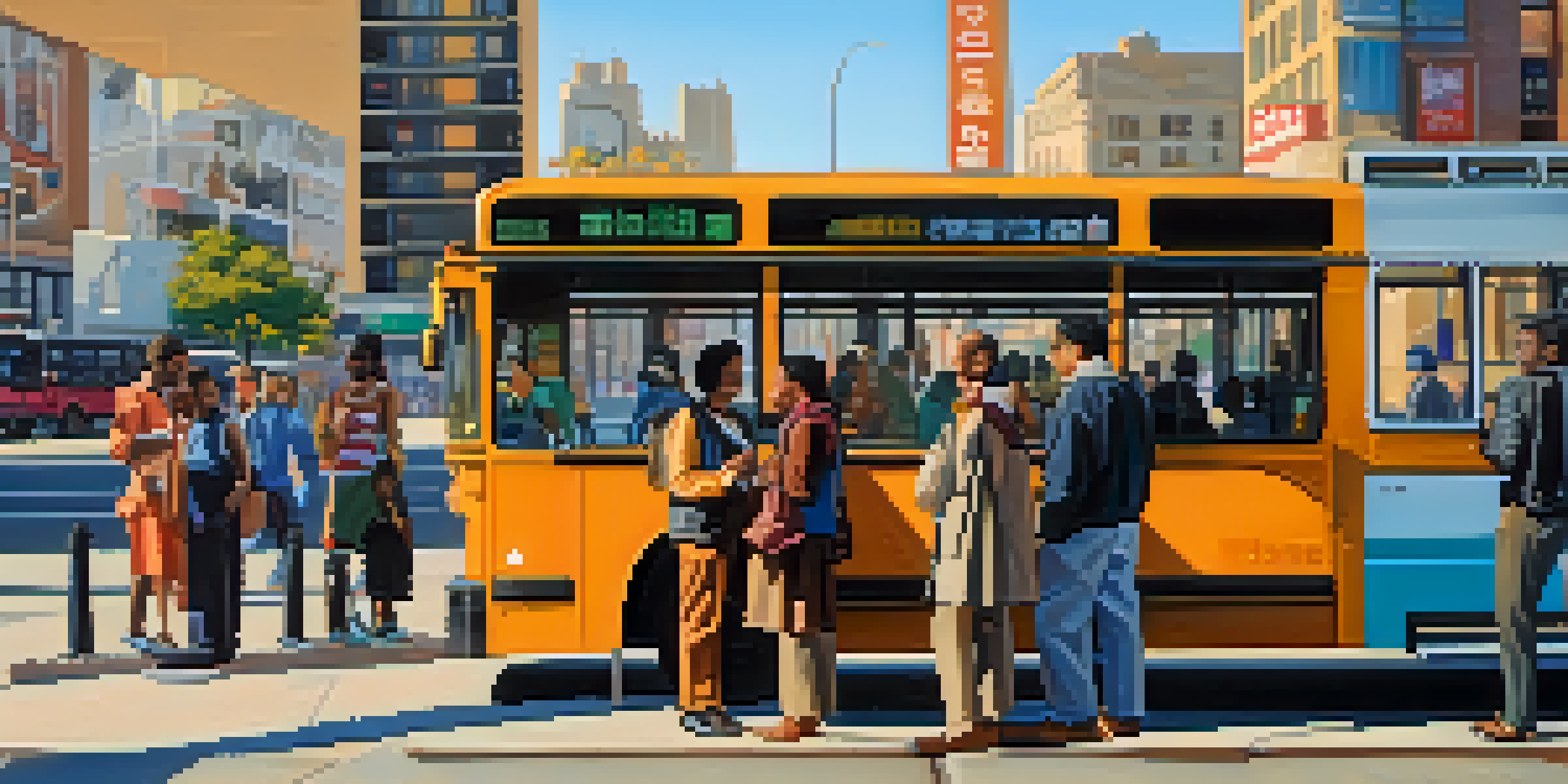 A diverse group of people waiting at a bus stop in a busy urban environment under the morning sun.