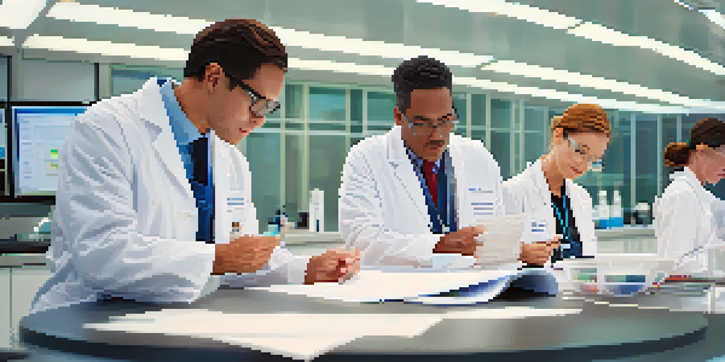 A close-up of researchers in lab coats discussing a protocol document in a bright, modern lab.