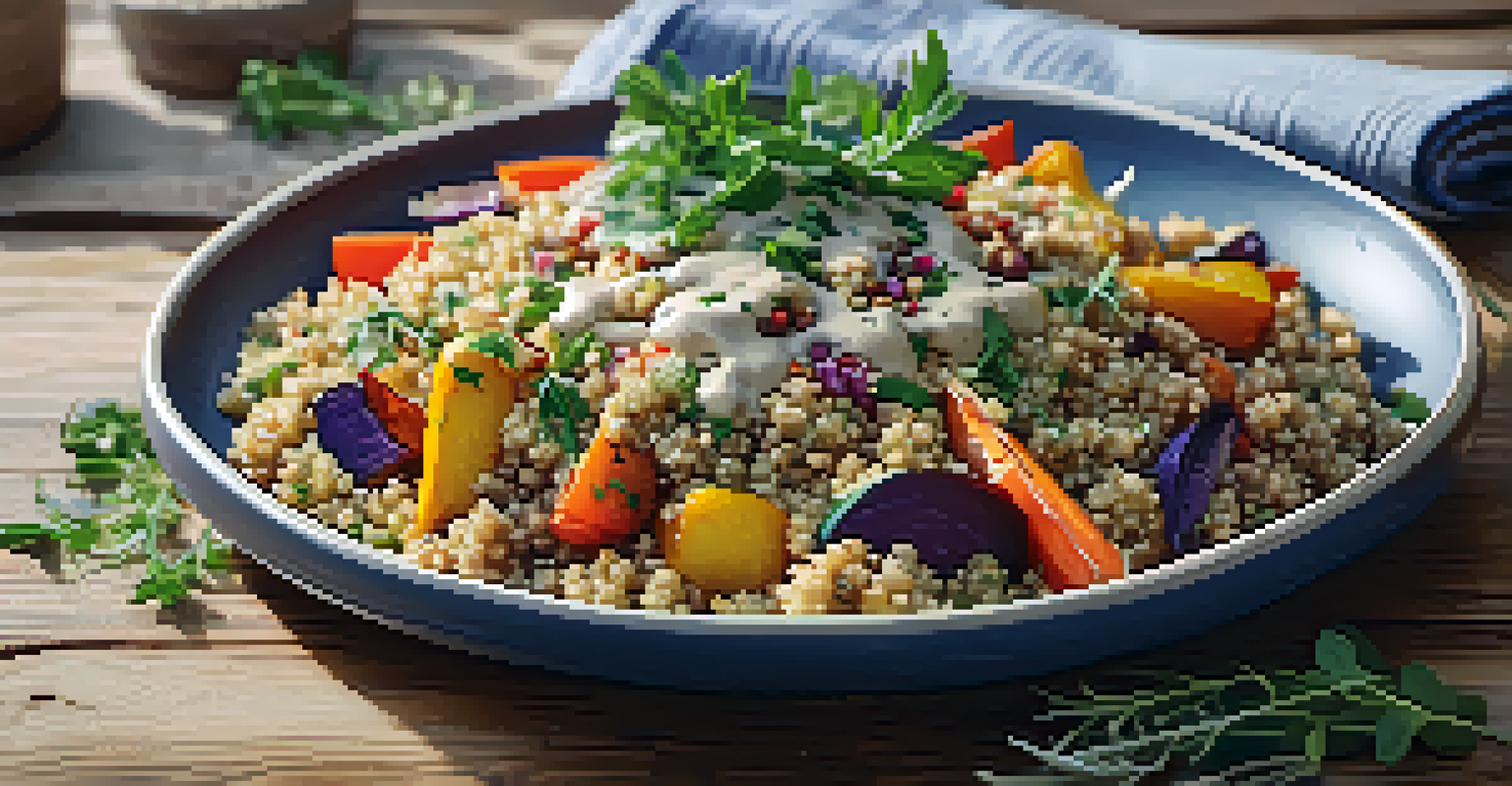 A close-up of a colorful plant-based meal on a plate, featuring quinoa, roasted vegetables, and fresh herbs.