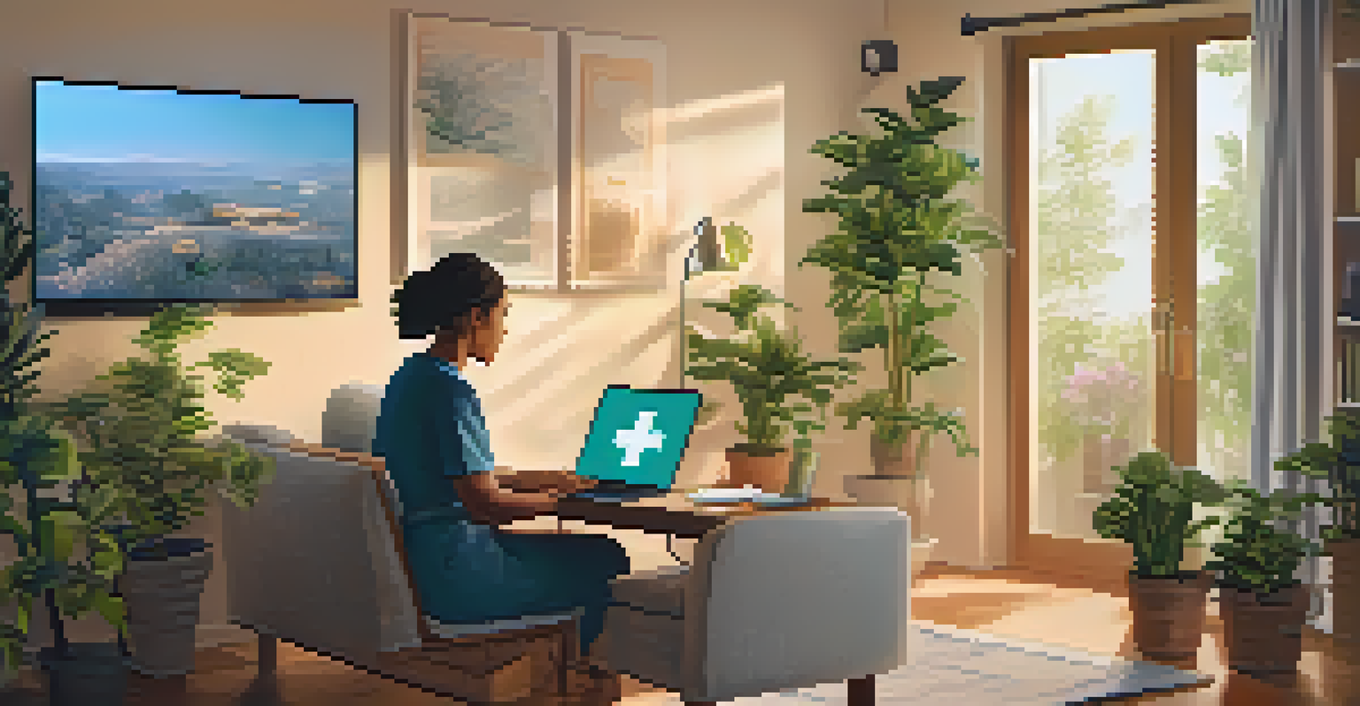 A person at home using a laptop for a telemedicine consultation with a healthcare provider displayed on the screen.