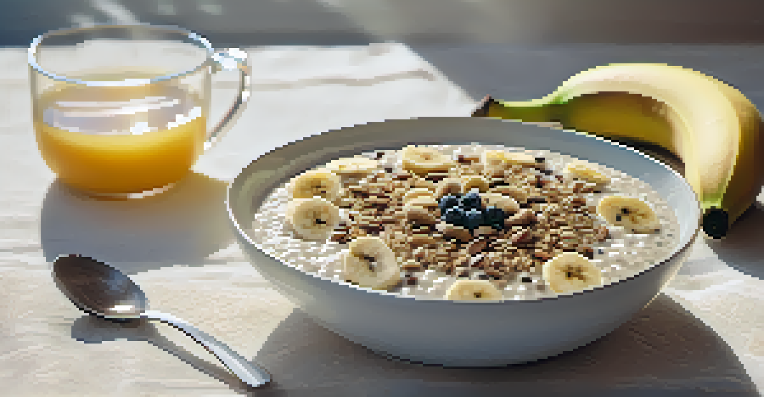 A close-up of a breakfast bowl with oatmeal, sliced bananas, chia seeds, and nuts, accompanied by a cup of herbal tea.