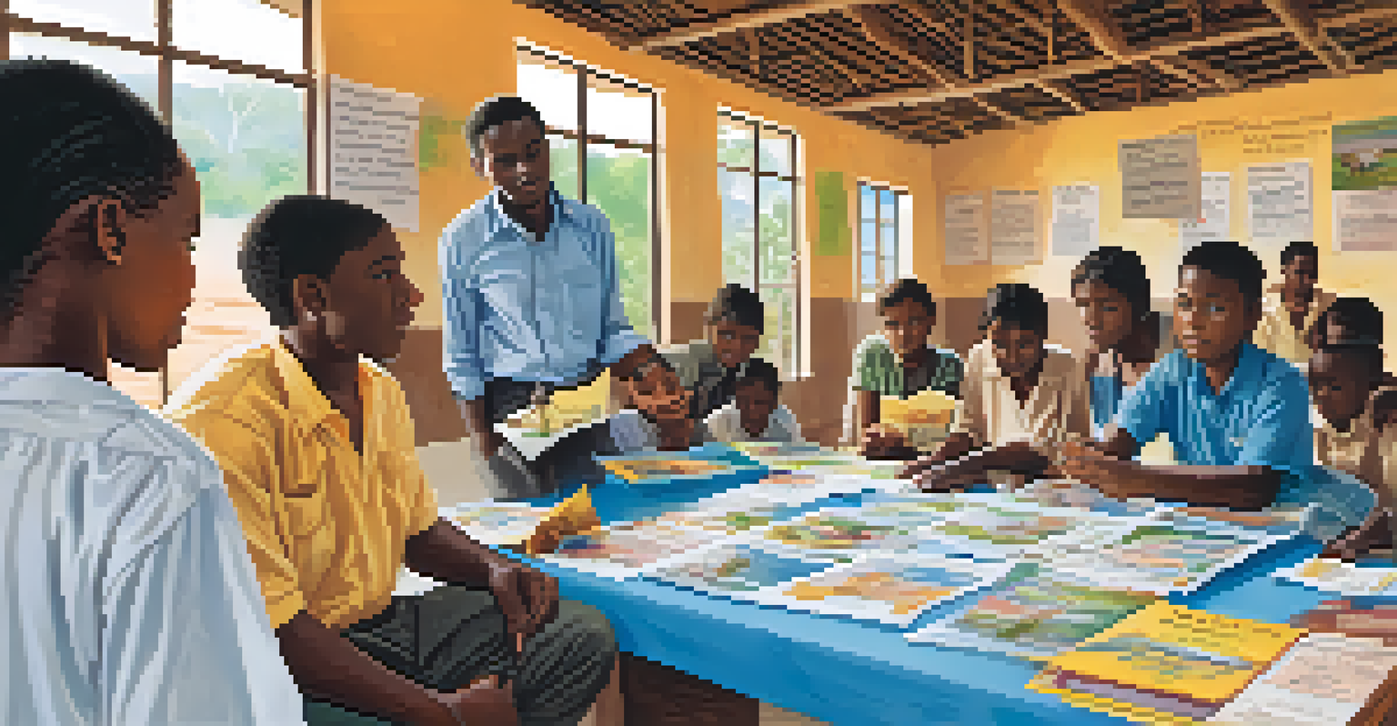 A community workshop with a diverse group discussing schistosomiasis prevention, surrounded by educational materials and bright decorations.