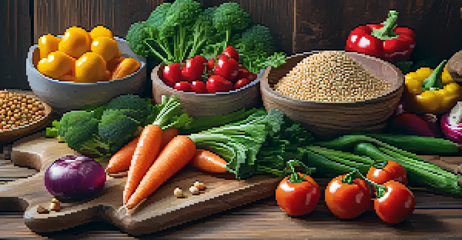 A colorful meal prep scene with fresh vegetables and grains on a cutting board.