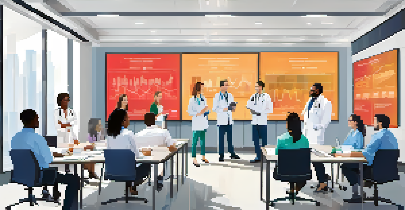 A diverse group of healthcare professionals in a conference room discussing patient health statistics displayed on a large screen.