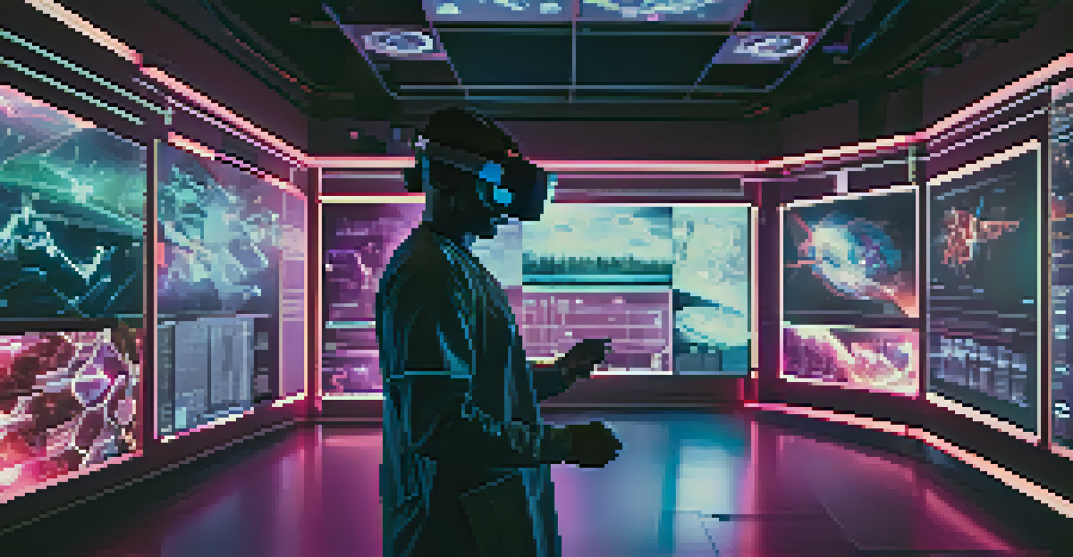 A medical professional engaged in virtual reality training, wearing VR goggles in a dimly lit room with digital medical imagery.