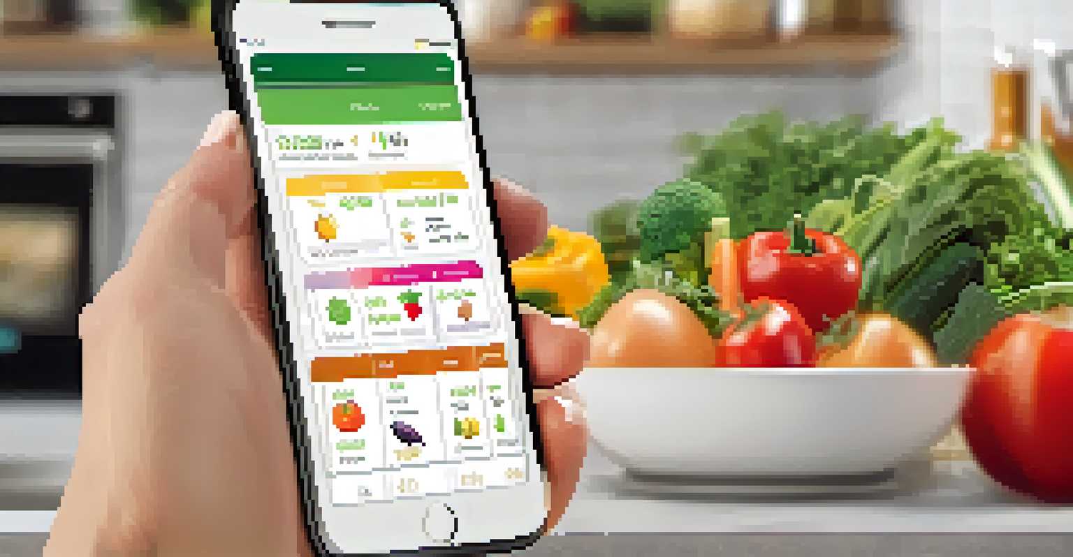 A smartphone with a nutrition app interface, showing a meal plan and dietary tracking, alongside a person preparing a healthy meal in a kitchen.