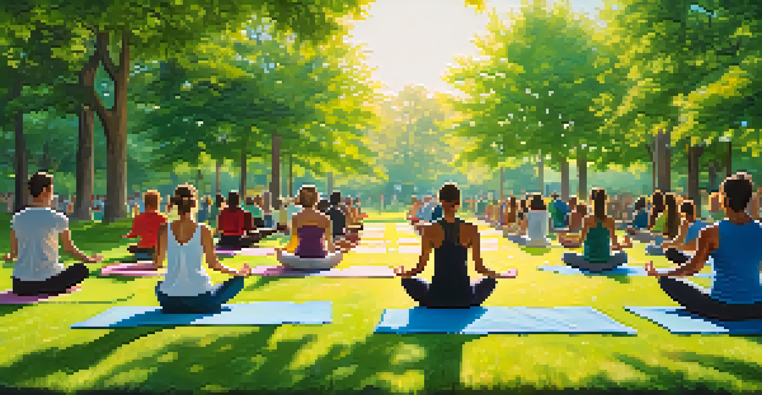 A diverse group of people practicing yoga in a sunny park surrounded by greenery.