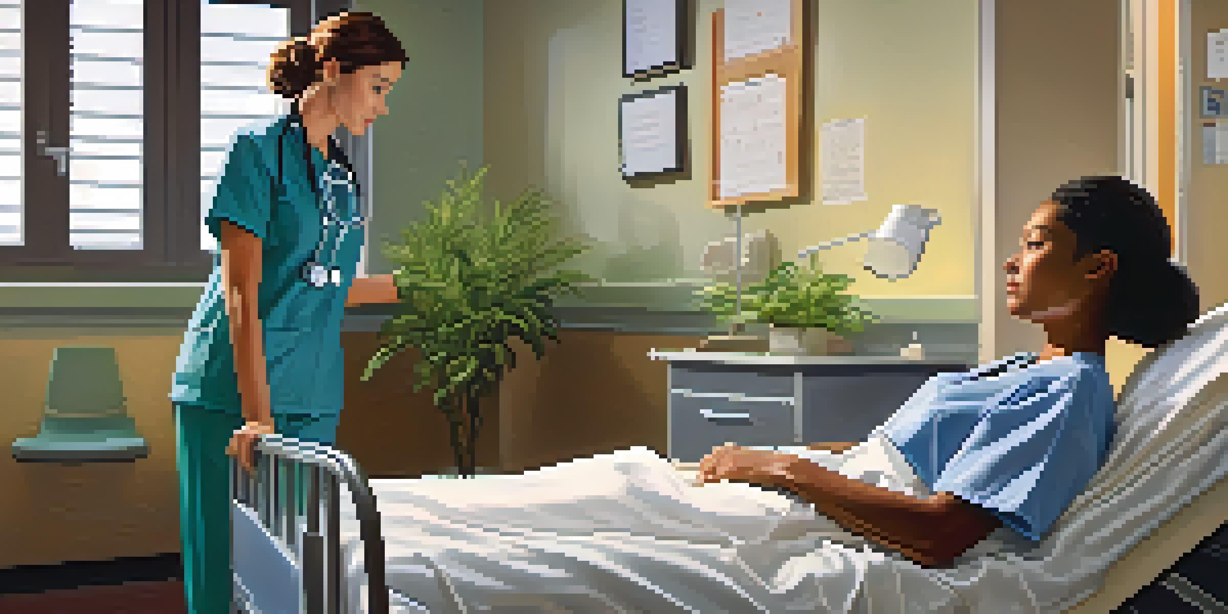 A nurse in scrubs listens attentively to an elderly patient in a hospital bed, conveying empathy and care.