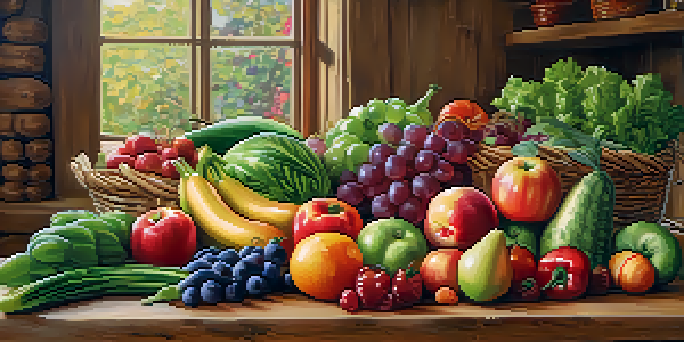 A close-up of a colorful assortment of fresh fruits and vegetables in a basket on a wooden table, illuminated by sunlight.