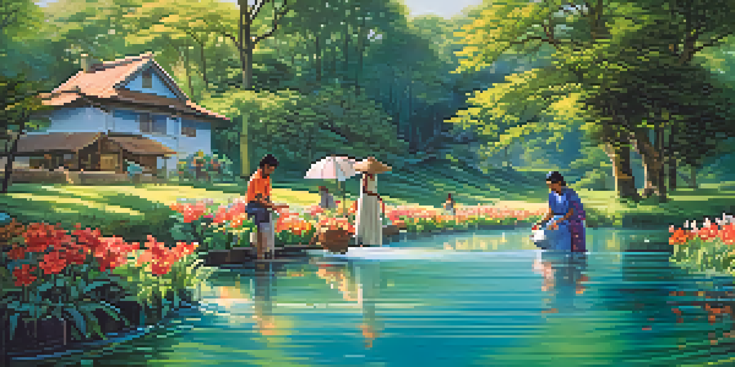 A family collecting clean water from a clear river in a lush green landscape, with sunlight filtering through the trees.