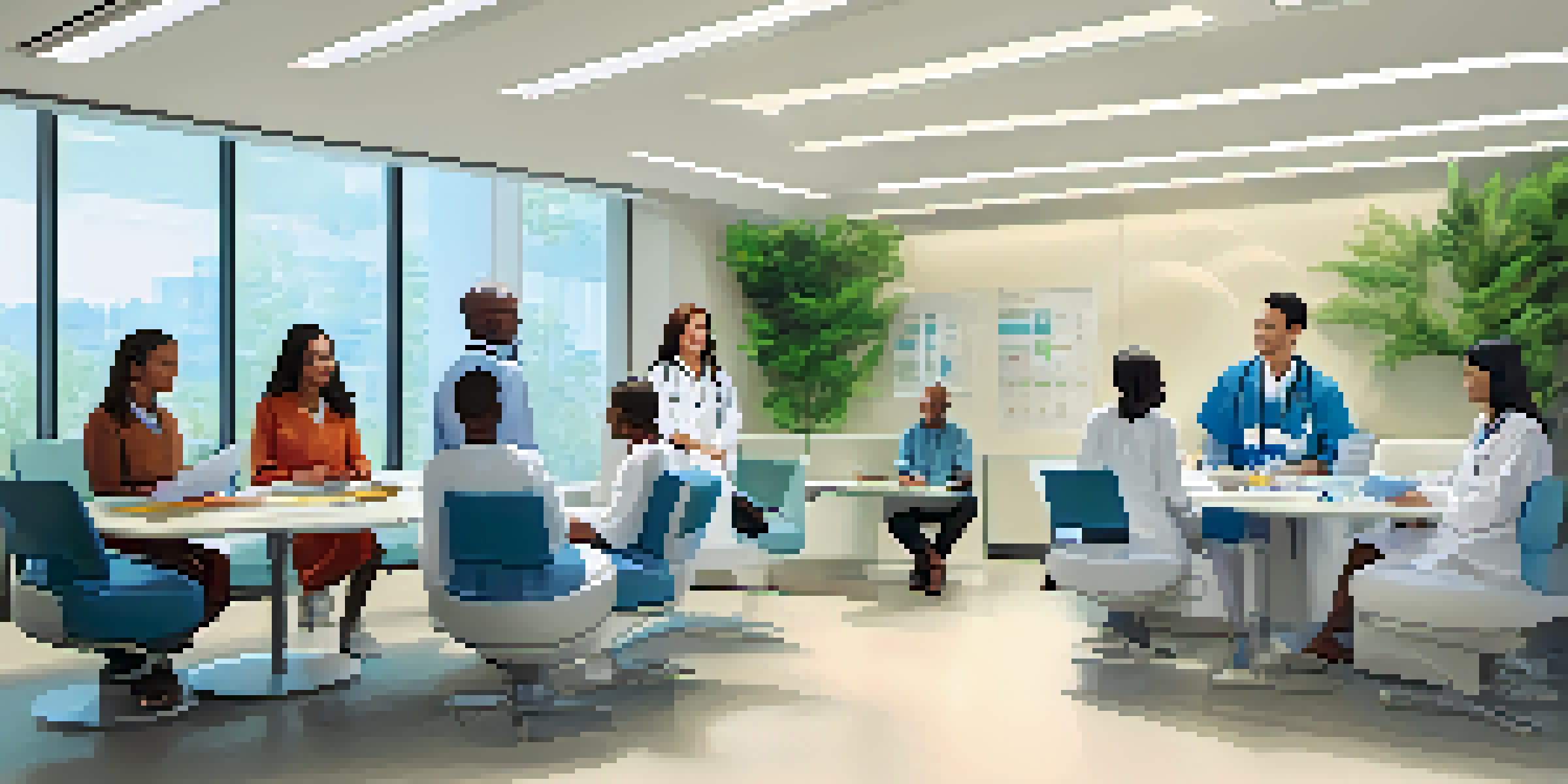 A diverse group of medical professionals discussing patient privacy in a modern clinic, surrounded by medical charts and a laptop.