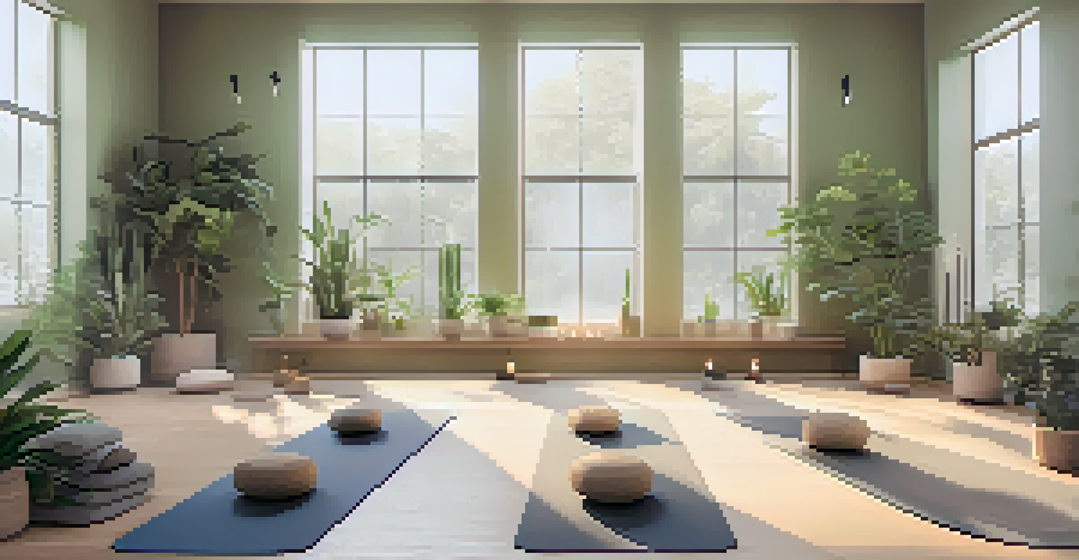 A tranquil wellness studio with yoga mats, cushions, and candles, bathed in natural light from large windows, featuring plants and a calming color palette.