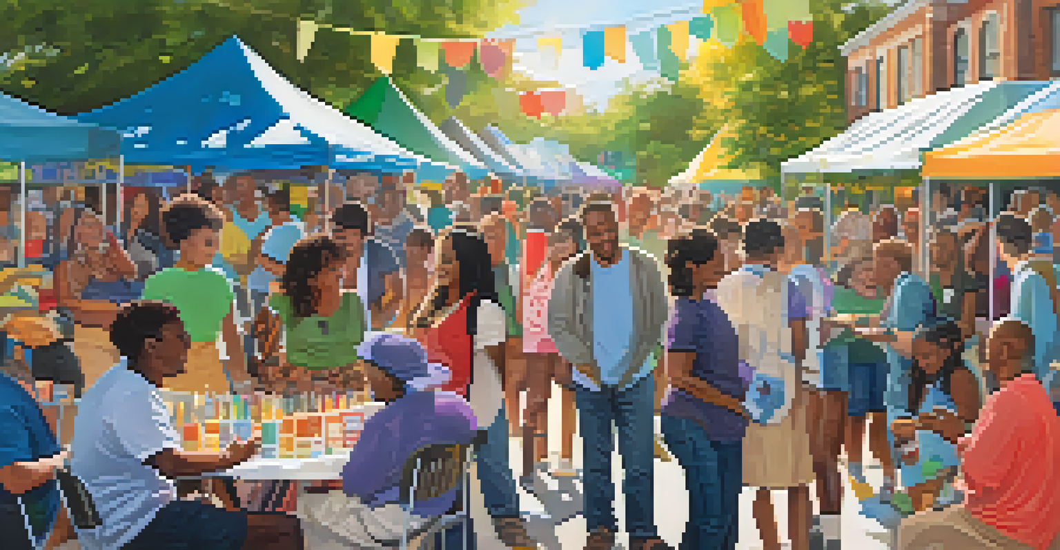 A lively community mental health fair outdoors, with people engaging at colorful booths and enjoying the sunny atmosphere.