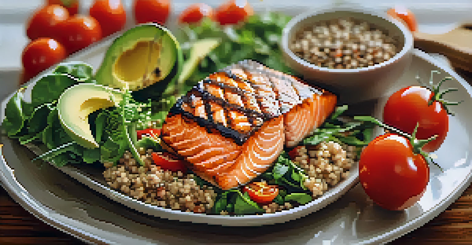 A close-up of a healthy meal including grilled salmon, salad, and quinoa, arranged on a wooden table with natural light.