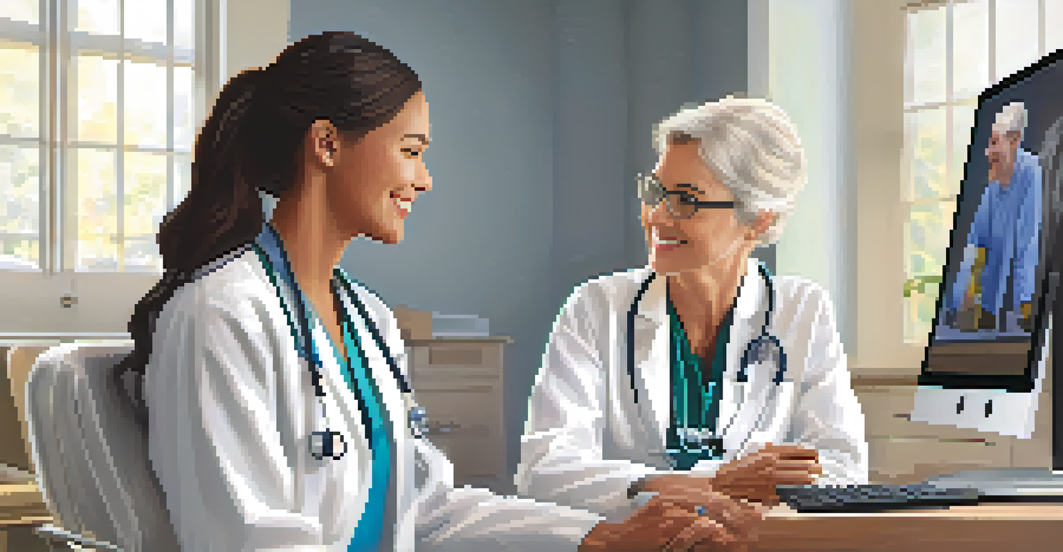 A healthcare provider and patient interacting during a virtual consultation on a computer screen.