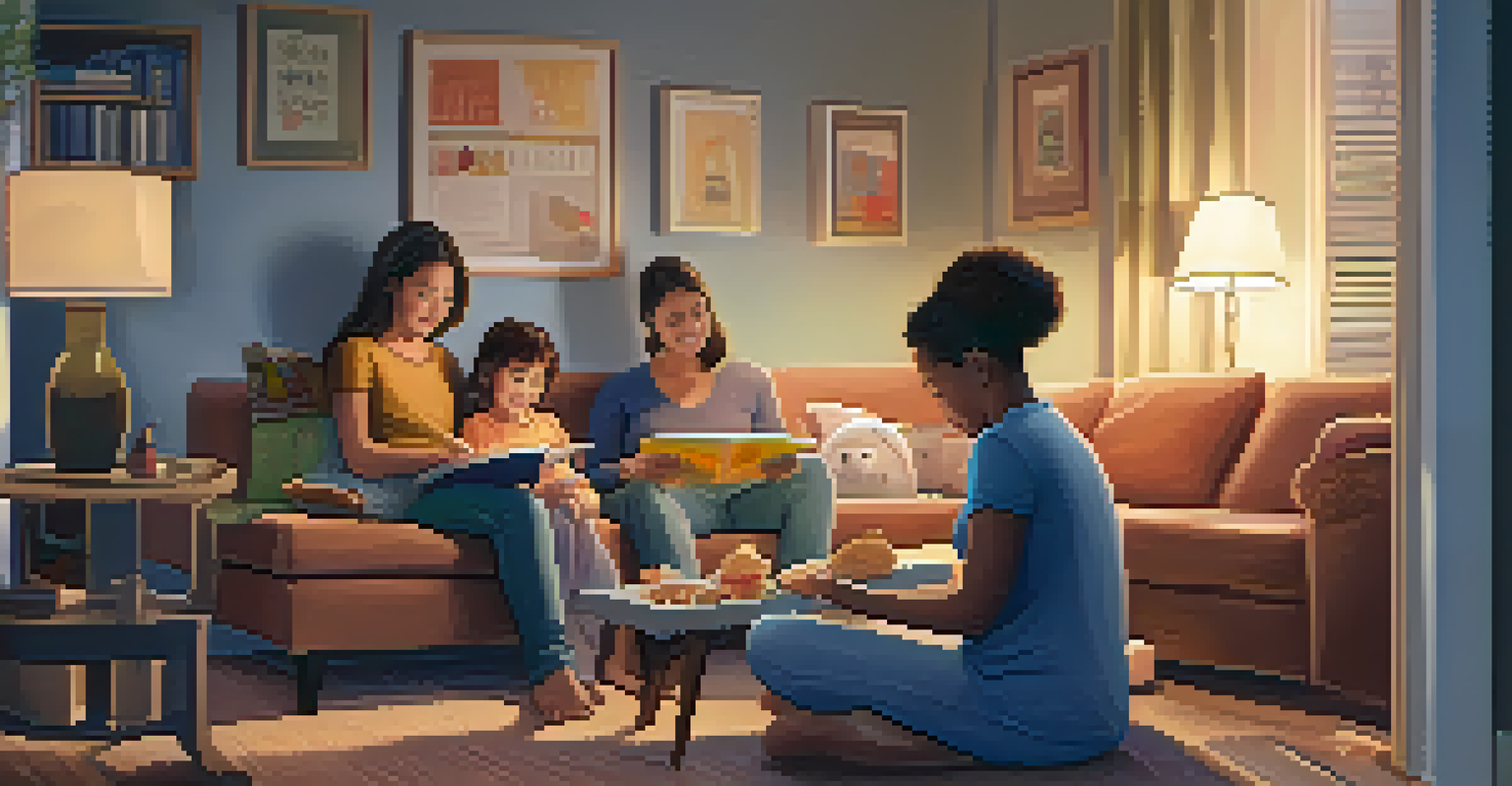 A father reading to his children in a cozy living room, showcasing shared caregiving responsibilities within a family.