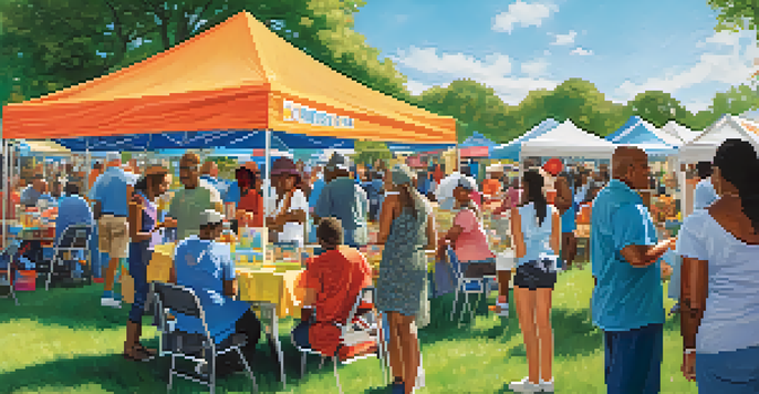 A lively community health fair with diverse people engaging at interactive booths about health topics.