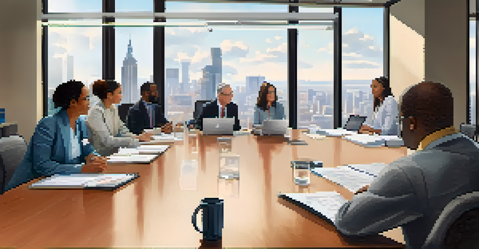 A diverse group of people discussing health technology assessments around a conference table with documents and laptops in a bright room.