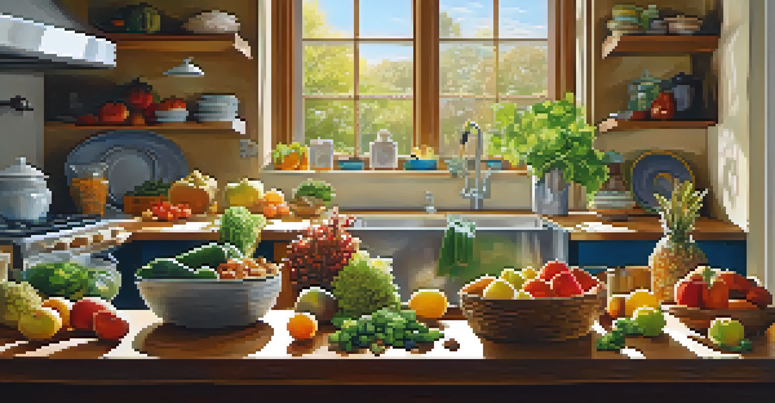 A bright kitchen with fresh ingredients like fruits and vegetables, representing the importance of nutrition for mental health.