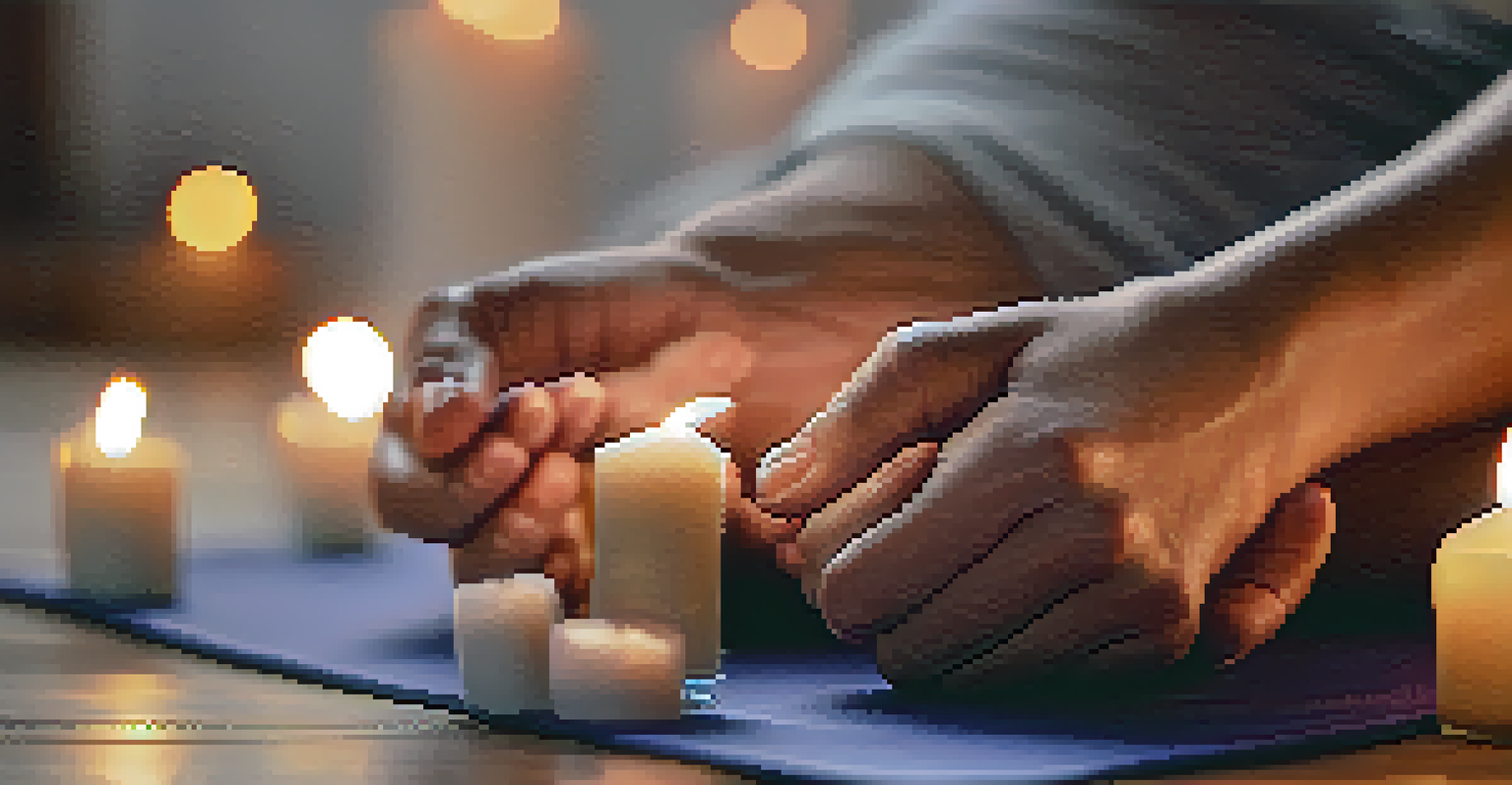 Close-up of hands in a meditative position on a yoga mat, with candles and a calming background.