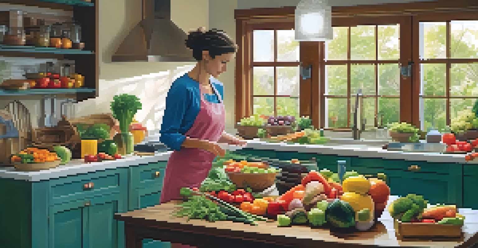 A dietitian preparing a healthy meal in a kitchen filled with fresh fruits, vegetables, and herbs.