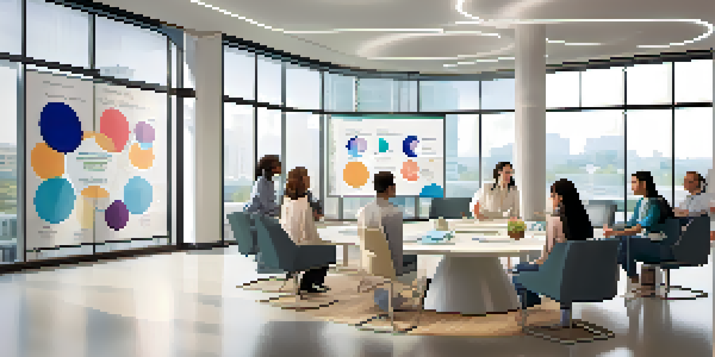 A clinical research room with diverse participants discussing around a round table, bright natural light, and motivational posters on the walls.