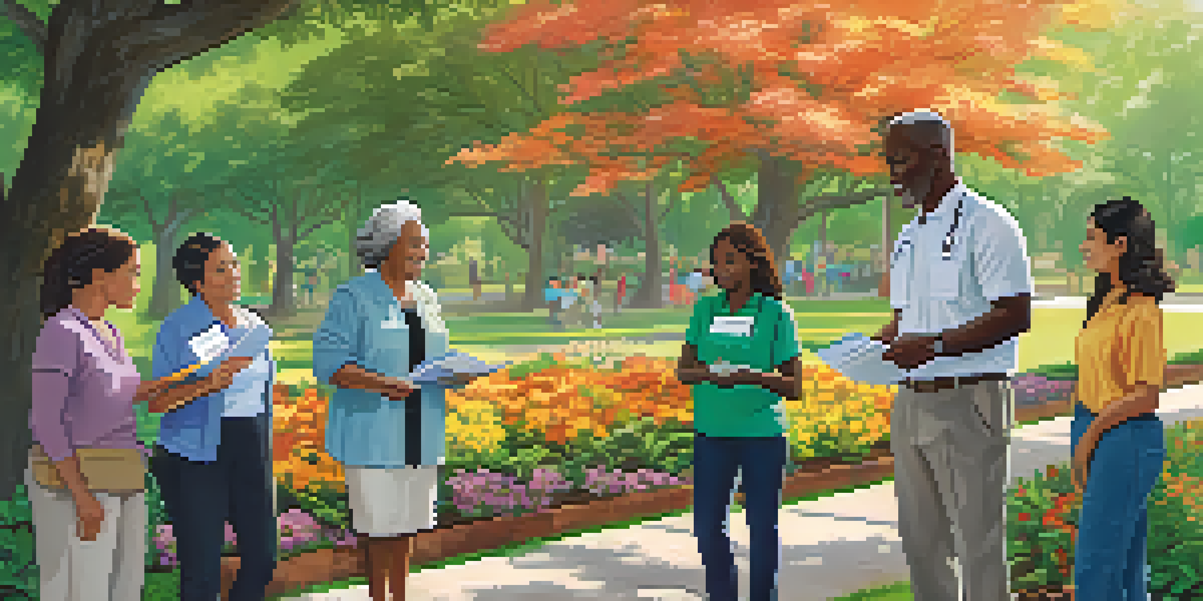 A community health worker discussing health topics with a diverse group of people in a park, surrounded by trees and flowers.