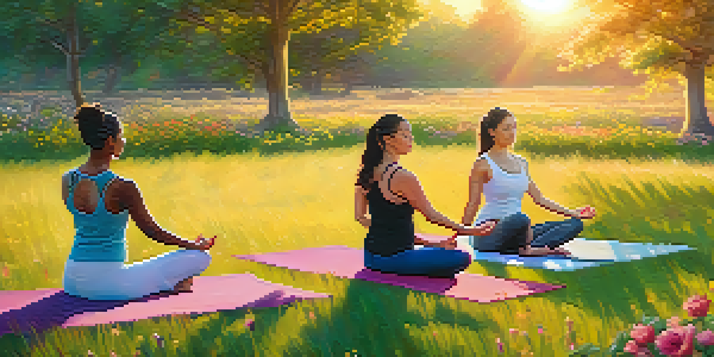 A group of diverse women practicing yoga outdoors on a grassy field during sunset, surrounded by colorful flowers.
