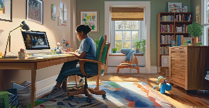 A parent at home on a video call with a healthcare provider, surrounded by a warm and inviting home office environment.