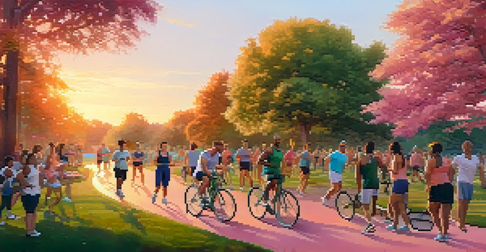A diverse group of people exercising in a park during sunset, with warm colors in the sky and greenery around them.