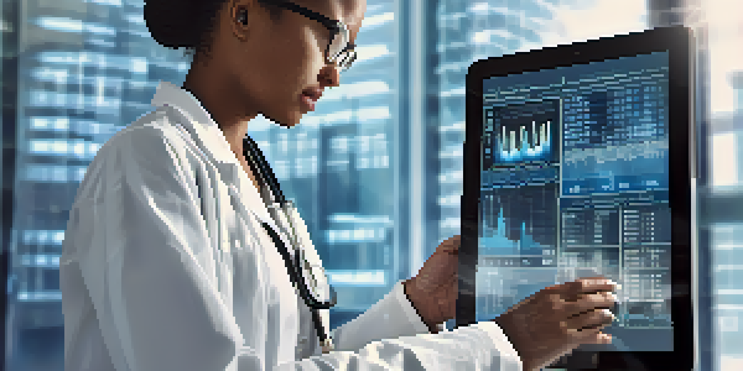 A healthcare professional in a lab coat analyzing patient data on a digital tablet in a bright hospital, with sunlight illuminating the graphs and charts on the screen.