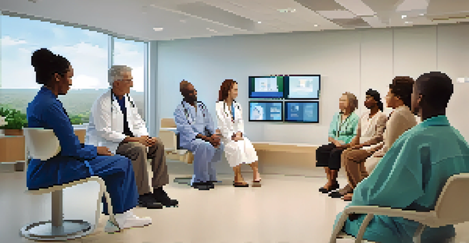 A healthcare professional interacting with a diverse group of patients in a modern clinic, with a digital screen showing health information.