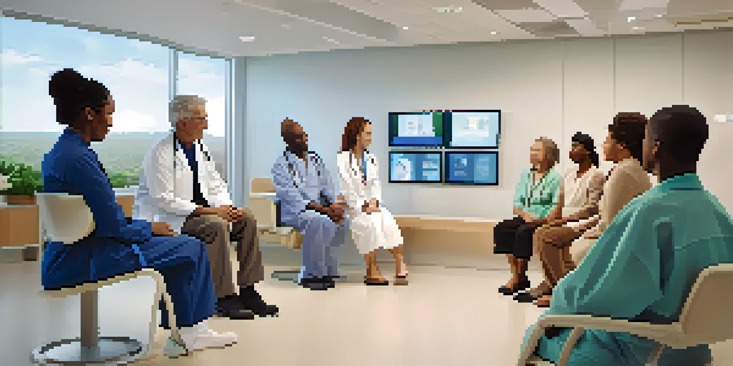 A healthcare professional interacting with a diverse group of patients in a modern clinic, with a digital screen showing health information.