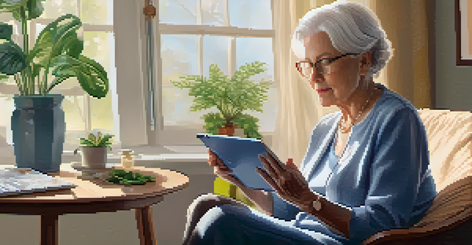 An elderly woman smiling while having a telehealth appointment on her tablet in a well-lit living room.