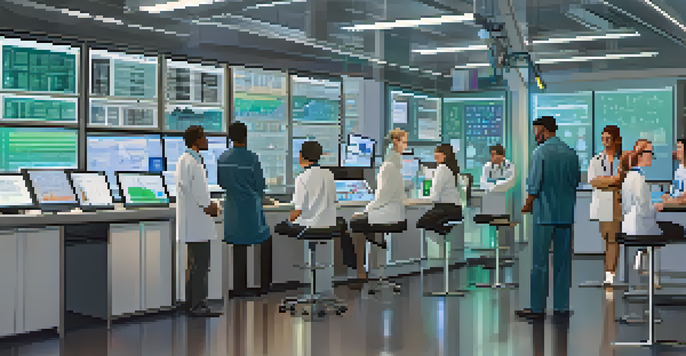 A diverse group of medical researchers in a modern lab discussing clinical trial results with a digital screen displaying graphs.
