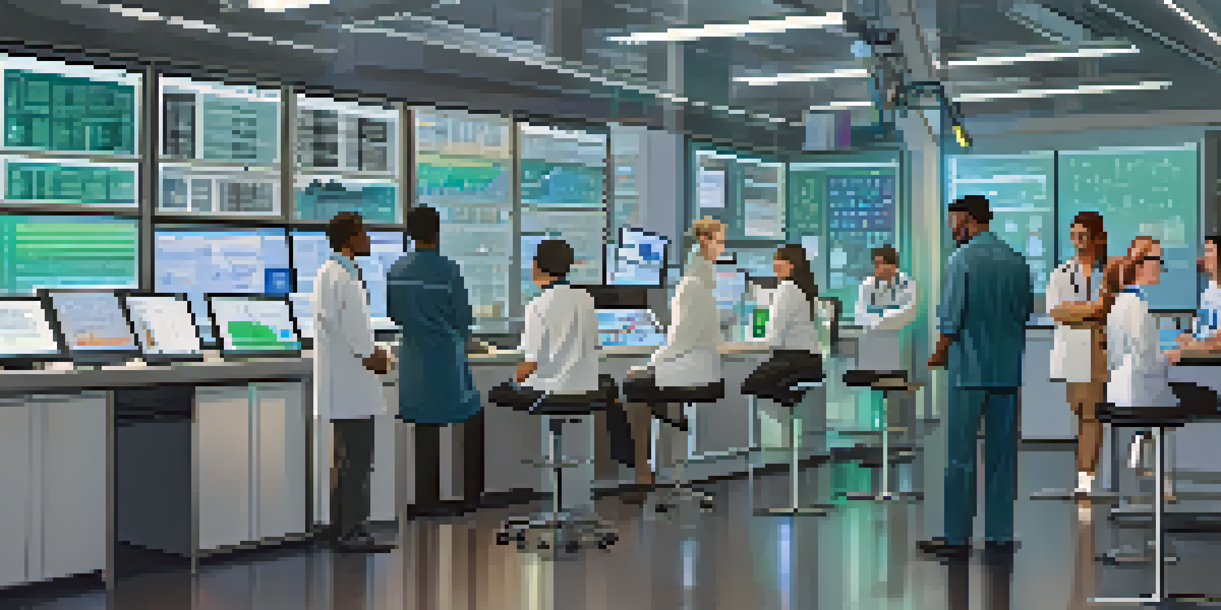 A diverse group of medical researchers in a modern lab discussing clinical trial results with a digital screen displaying graphs.