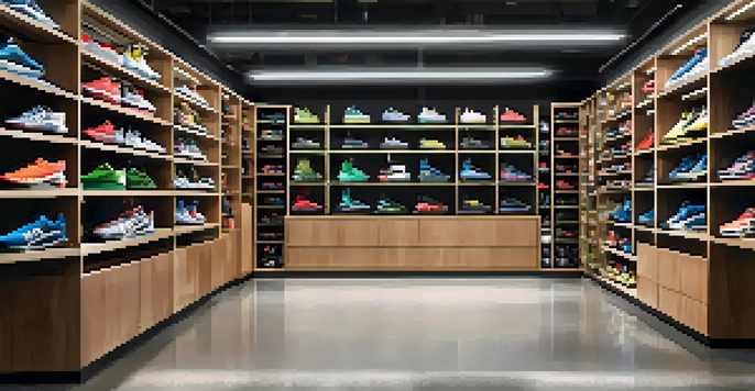 A sports equipment store with various gear like running shoes and helmets, featuring a fitting area where a staff member is helping a customer.