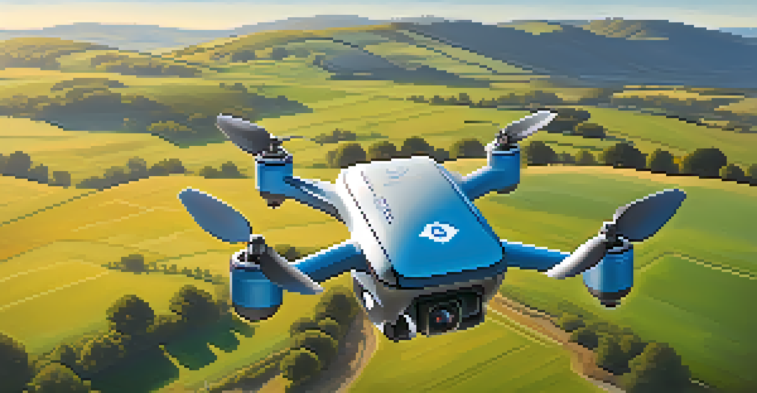 A drone flying over a rural landscape, delivering medical supplies, highlighting the use of technology in emergency medicine.