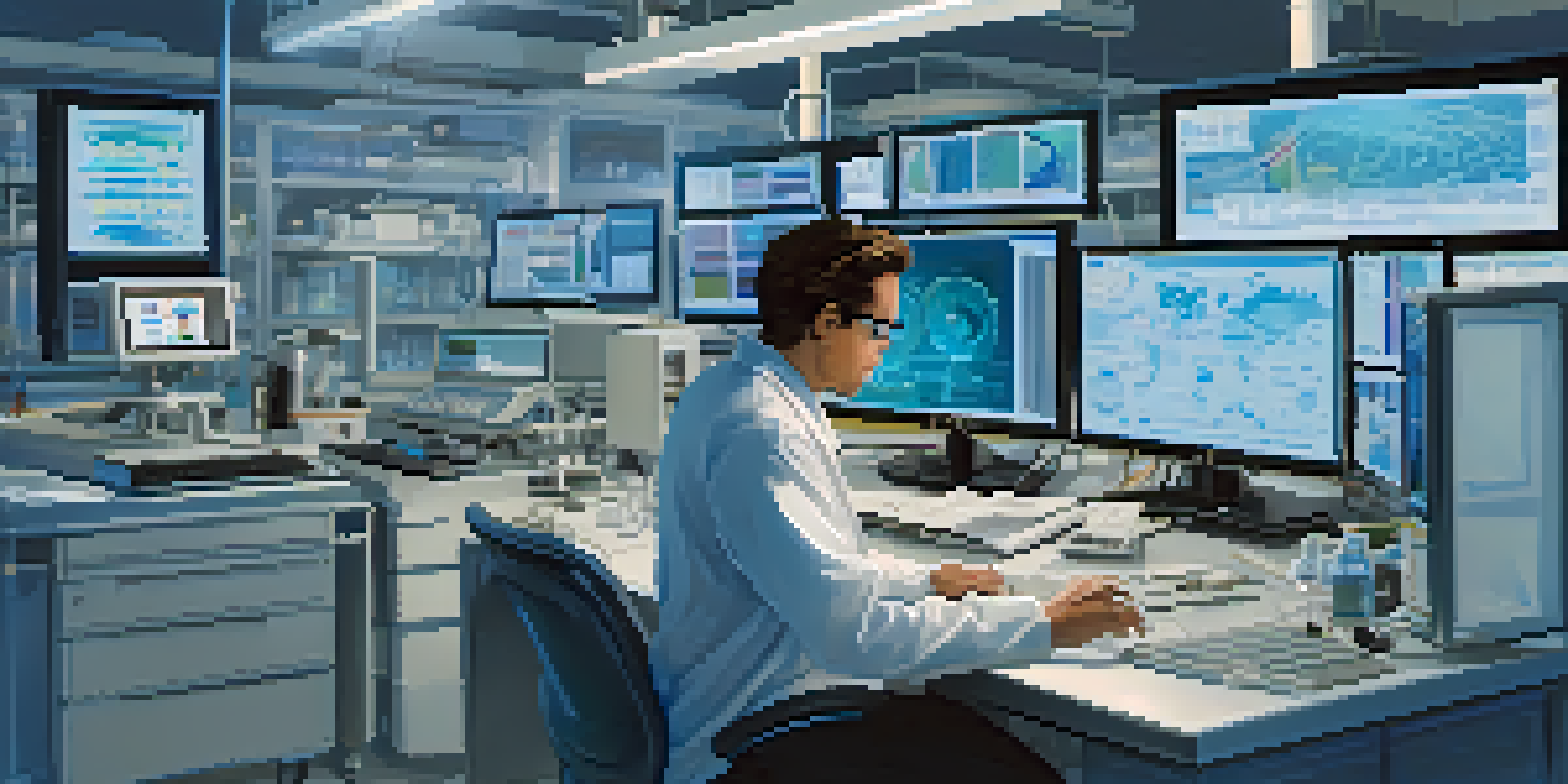A researcher in a laboratory, deeply focused on analyzing data on a computer, surrounded by scientific equipment and charts.