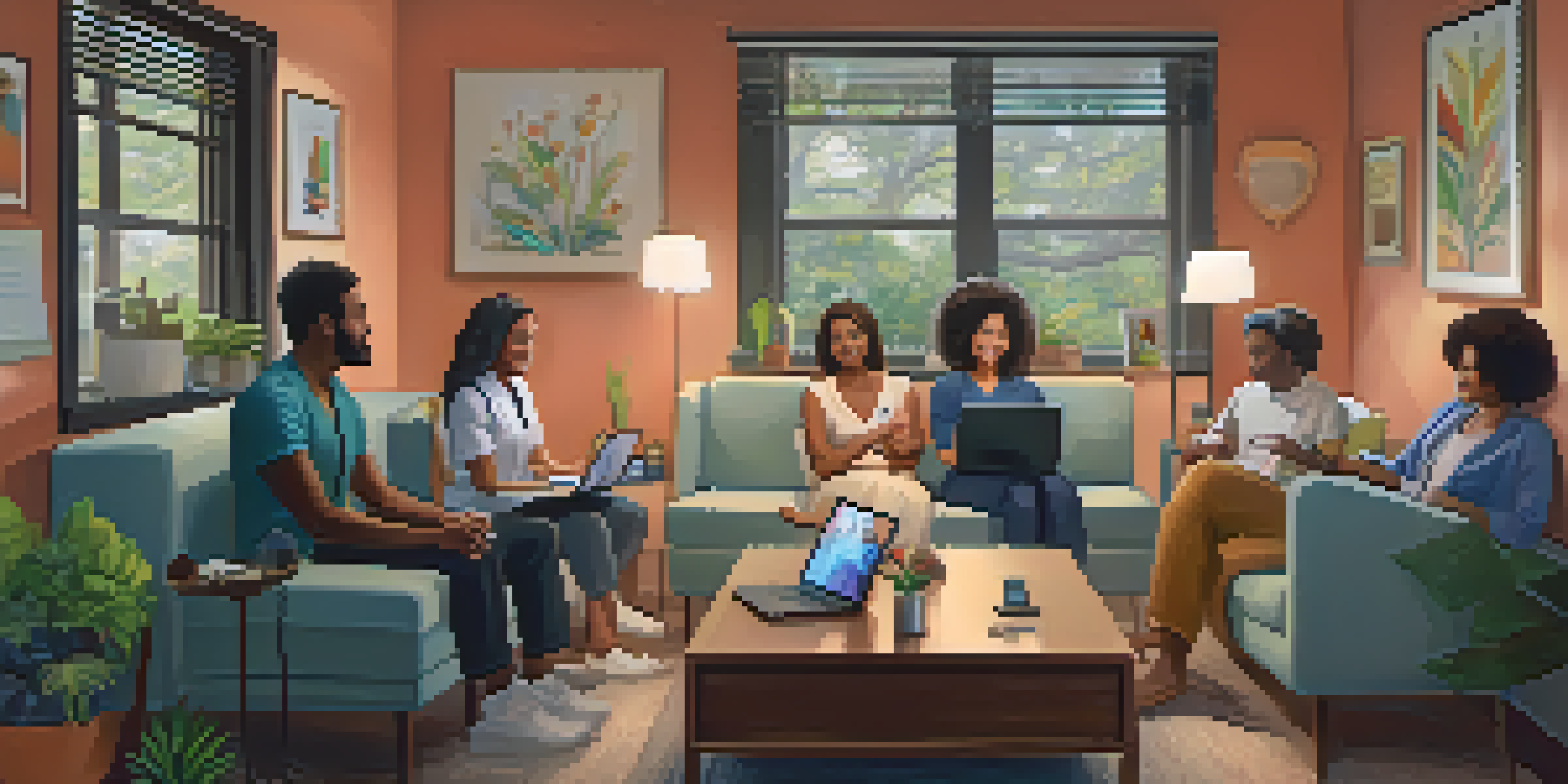 A diverse group of patients having a telemedicine consultation with healthcare providers, set in a cozy home office with warm lighting.
