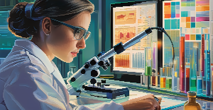 A researcher looking through a microscope with colorful lab equipment in the background.