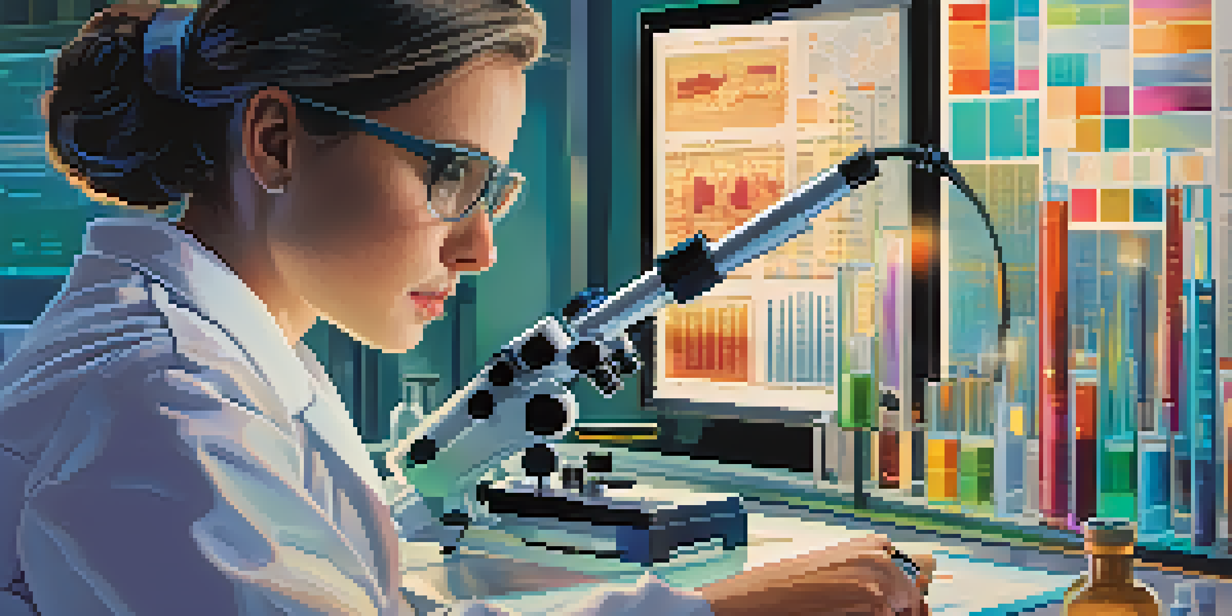 A researcher looking through a microscope with colorful lab equipment in the background.