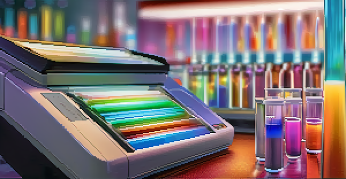 A laboratory setup showing a PCR machine with colorful test tubes, highlighting the intricate details of the machine and samples.