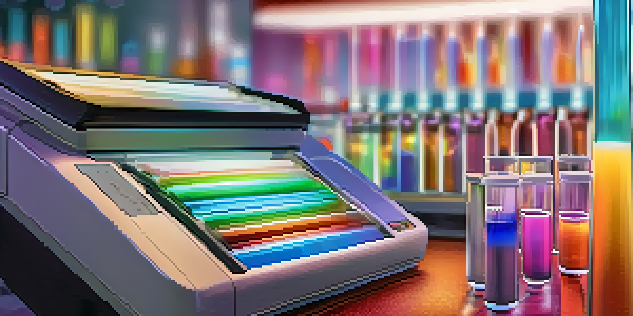 A laboratory setup showing a PCR machine with colorful test tubes, highlighting the intricate details of the machine and samples.