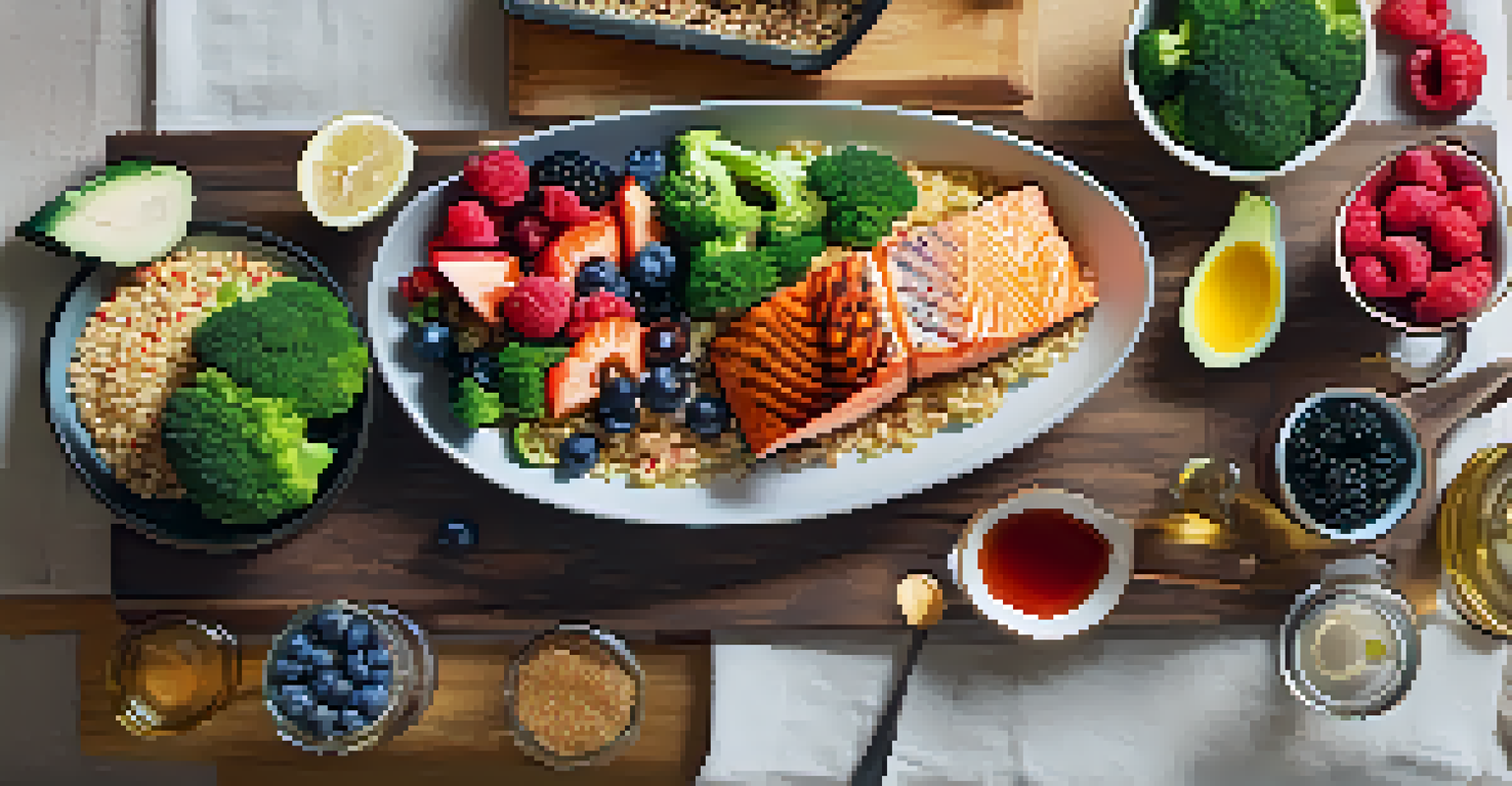 An overhead view of a nutritious meal including grilled salmon, quinoa, and berries, symbolizing healthy eating for diabetes management on a bright kitchen counter.