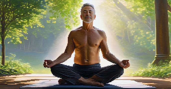 A middle-aged man practicing yoga outdoors at sunrise, surrounded by greenery, showcasing calmness and focus.
