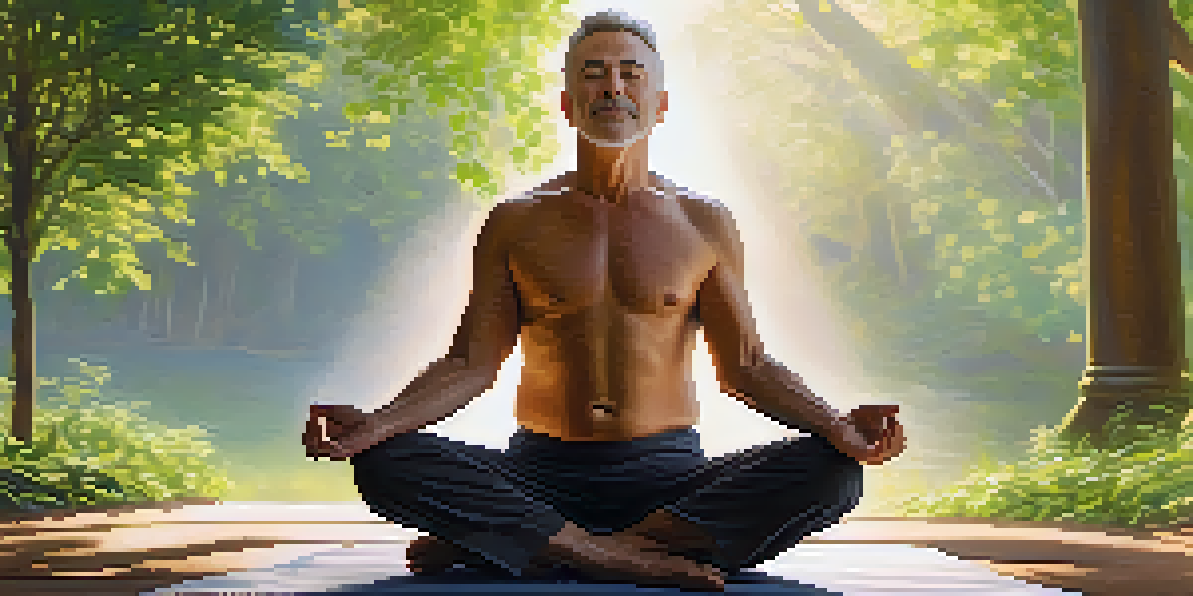 A middle-aged man practicing yoga outdoors at sunrise, surrounded by greenery, showcasing calmness and focus.