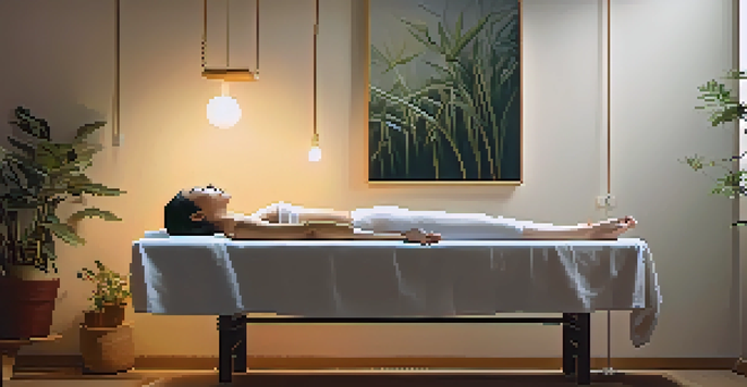 A person receiving acupuncture in a peaceful setting, with needles gently placed on their back in a softly lit room.
